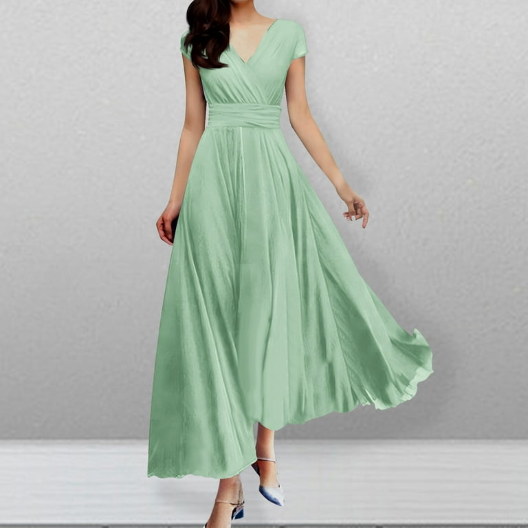 CFLVAEK Chiffon Dresses for Women Plus Size Purple V Neck Wrap Dress Comfy  Short Sleeve Empire Dress Solid Color Flowy Swing Gown Dress Elegant  Wedding Guest Midi Dress Mint Green XXXXL -
