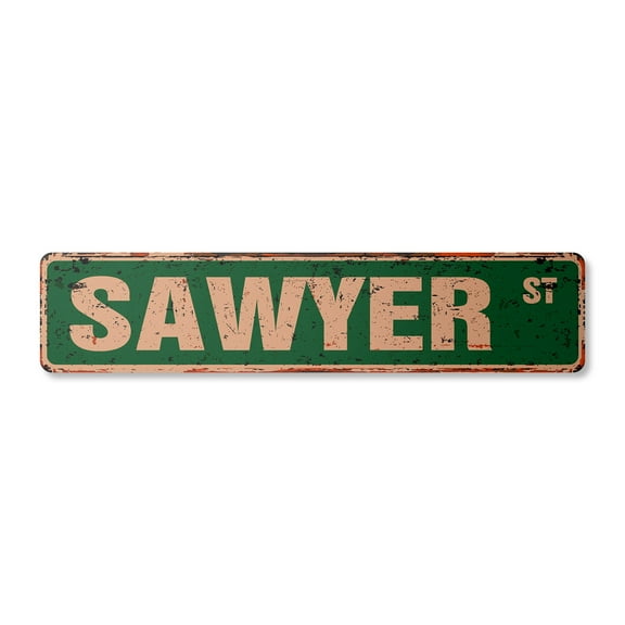 SAWYER Vintage Aluminum Street Sign Childrens Name Room Metal Sign rustic metal tin | Indoor/Outdoor |  18" Wide