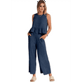 thumbnail image 2 of Women'S Casual Sleeveless Pleated Round Neck Vest Wide Leg Cropped Pants Set Navy Blue S, 2 of 6