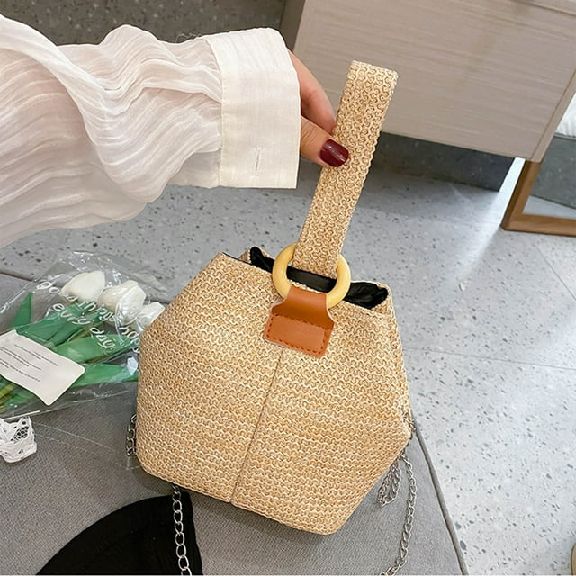 Jusqu'à 65% de Réduction sur Sac à Main Chaîne Tissée Décontractée en Paille Grande Capacité Sac Seau