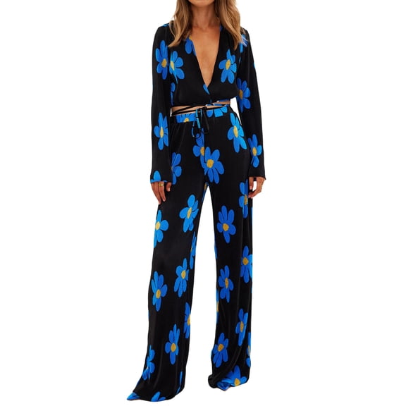 KOMOO Women 2 Piece Dressy Outfits Casual Loose Bandage Shirts Blouses Wide Leg Long Pants Sets