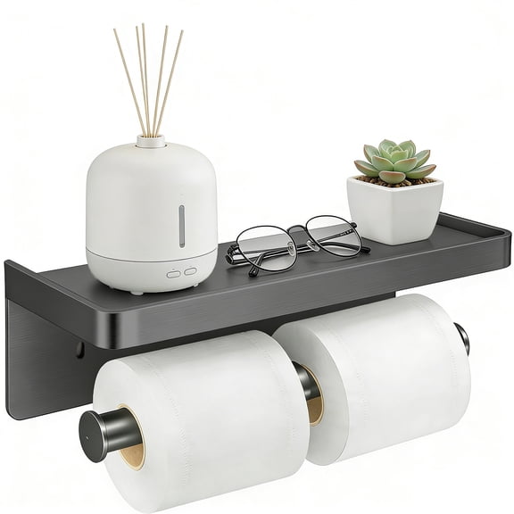 Double Roll Toilet Paper Holder with Phone Shelf, Aluminum Wall Mount Bathroom Tissue Holder, Adhesive or Screw Installation