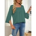 thumbnail image 2 of 3/4 Sleeve Tops for Women Casual Shirt Pleated Square Neck Tunic Blouse Dressy Split sleeve Loose T Shirts(Blue L), 2 of 6