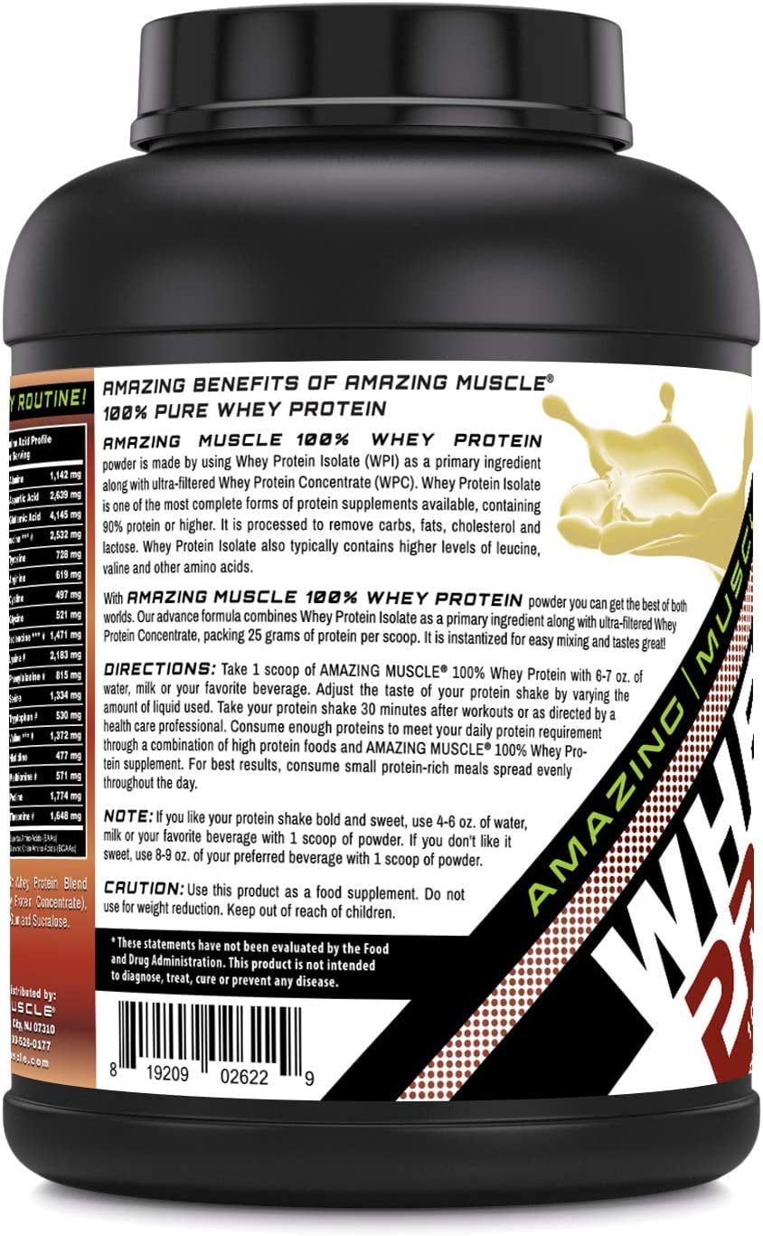 Amazing Muscle Whey Protein (Isolate & Concentrate) 5 Lbs Powder Supplement | Hazelnut Flavor | 67 Serving | Non-GMO | Gluten-Free | Made in USA