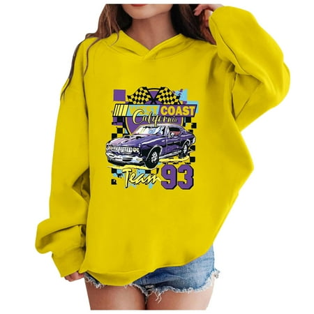 Zshosam Print Hoodies for Teen Girls Girls Print Long Sleeve Hooded Sweatshirt Pullover Tops Size 160 (Yellow 160)