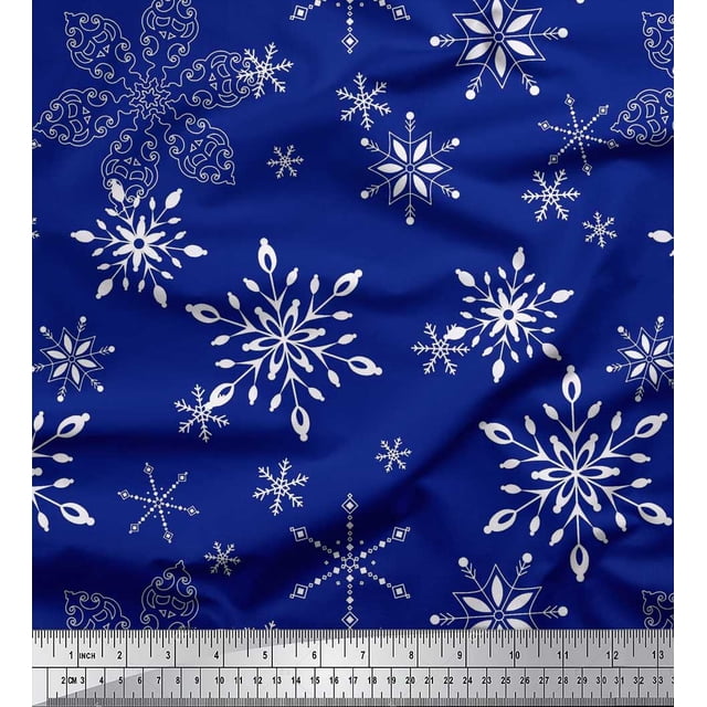 Soimoi Blue Poly Georgette Fabric Snow Flakes Floral Print Sewing Fabric Yard 42 Inch Wide