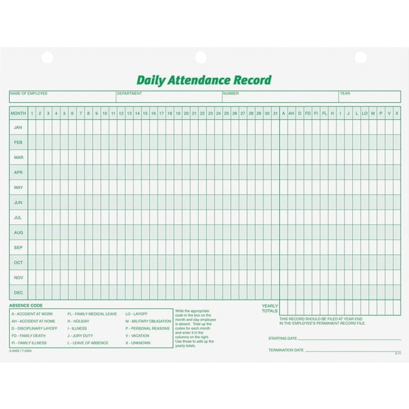 Daily Attendance Card, 8.5 X 11, 1/page, 50 Forms | Bundle of 5