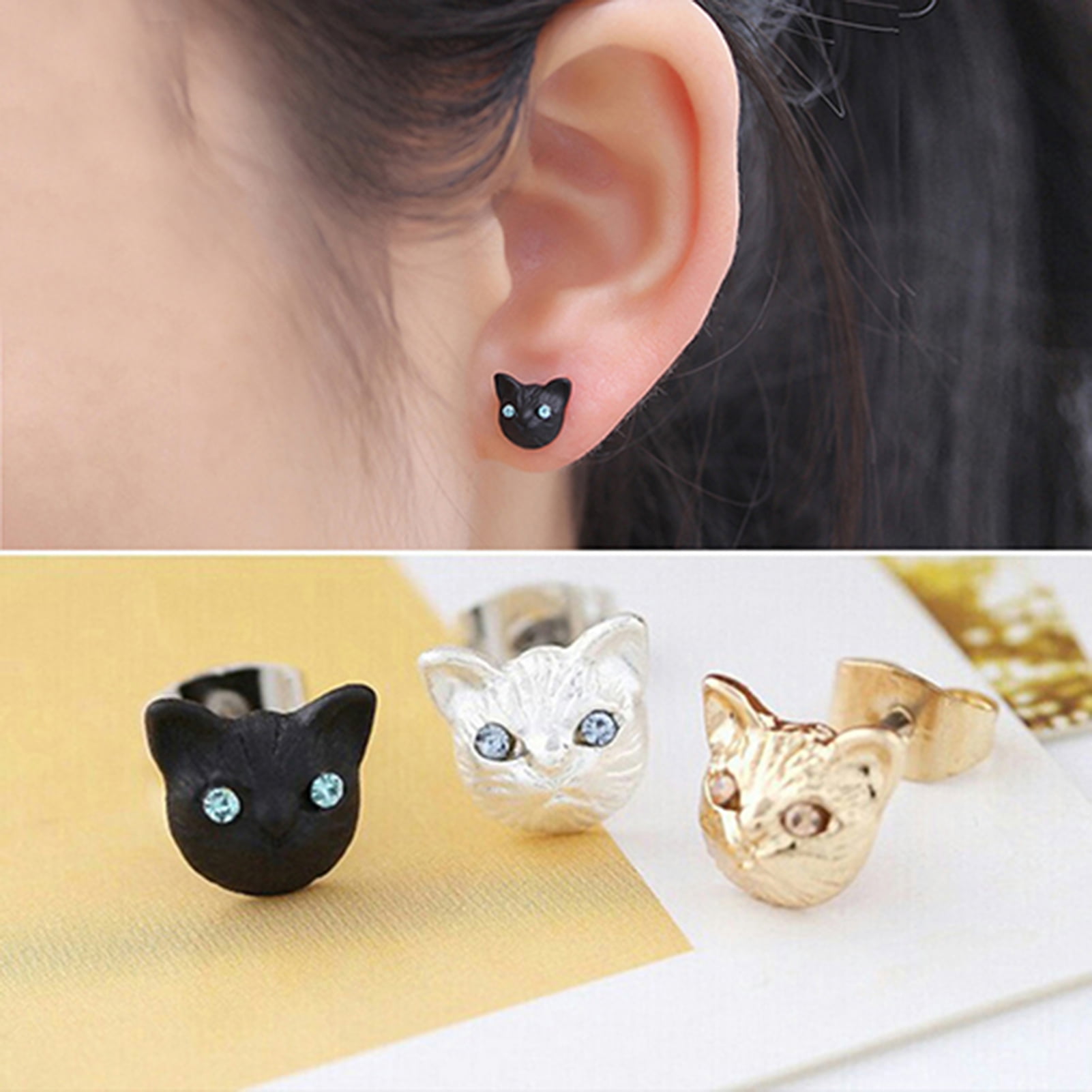 Red and Black Leopard Print Kitty Cat Gold Hanging Earrings with Rhinestone Posts