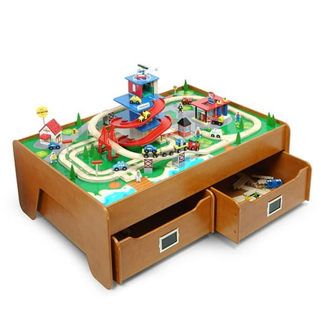 KidKraft Garage Town Train Set With Honey Train Table and Two Trundles
