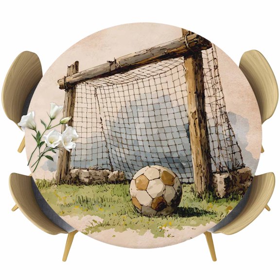 Brown Soccer Field Round Tablecloth 55-60 Inch Round Fitted Table Cloth with Elastic Edge, Vintage Wooden Goal Post Football Waterproof Table Cover Protector for Outdoor Picnic Party Dining