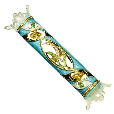 Mezuzah Case Jeweled Enamel Royal Blue and Green Shin Design 7cm