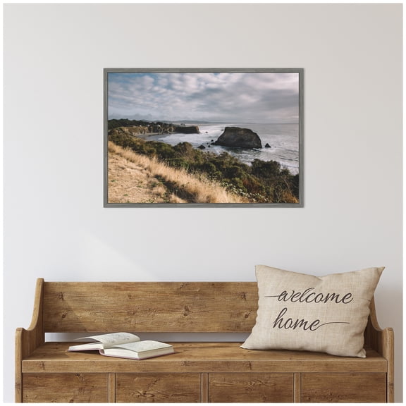 Kate and Laurel Rugged Coastal Landscape Framed Canvas Wall Art by Patricia Rae 33 x 23 Sylvie Greywash, Coastal, Nature, Landscapes, Beach Art for Wall Decor, Living Room Bedroom