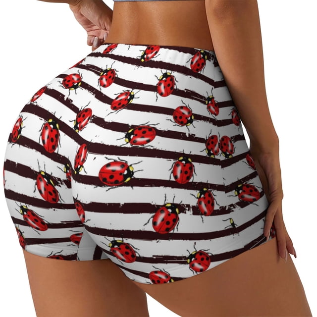 Fotbe Ladybugs on Black and White Striped1 Shorts Sin Costuras – Shorts Deportivos de Cintura Alta para Mujer, Elásticos para Gimnasio, Yoga, Running o Ciclismo-XX-Large