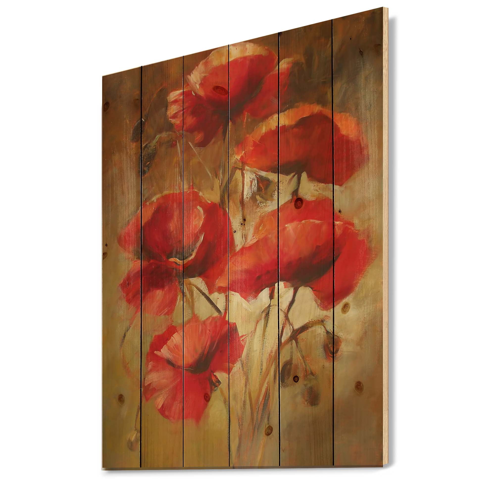 Designart 'Red Blossoming Poppies Over Wild Brown I' Traditional Print on Natural Pine Wood