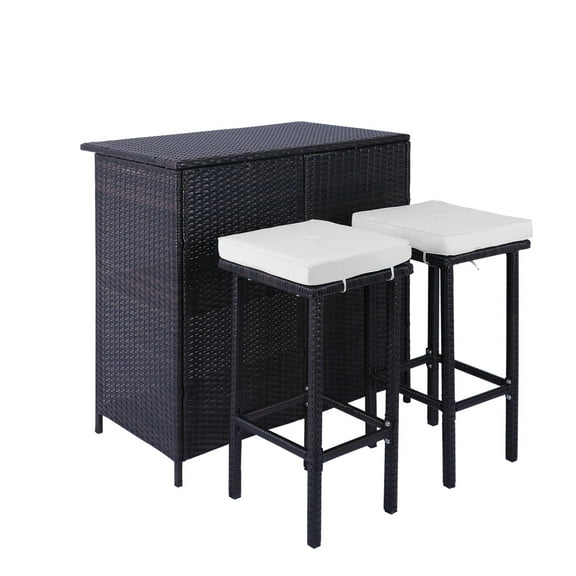 3-Piece Patio Outdoor Conversation Bar Set of 1Table and 2Stools,All Weather PE Rattan and Steel Frame Furniture with Removable Cushions for Outside Backyards,Porches,Gardens or Poolside(Brown Beige)