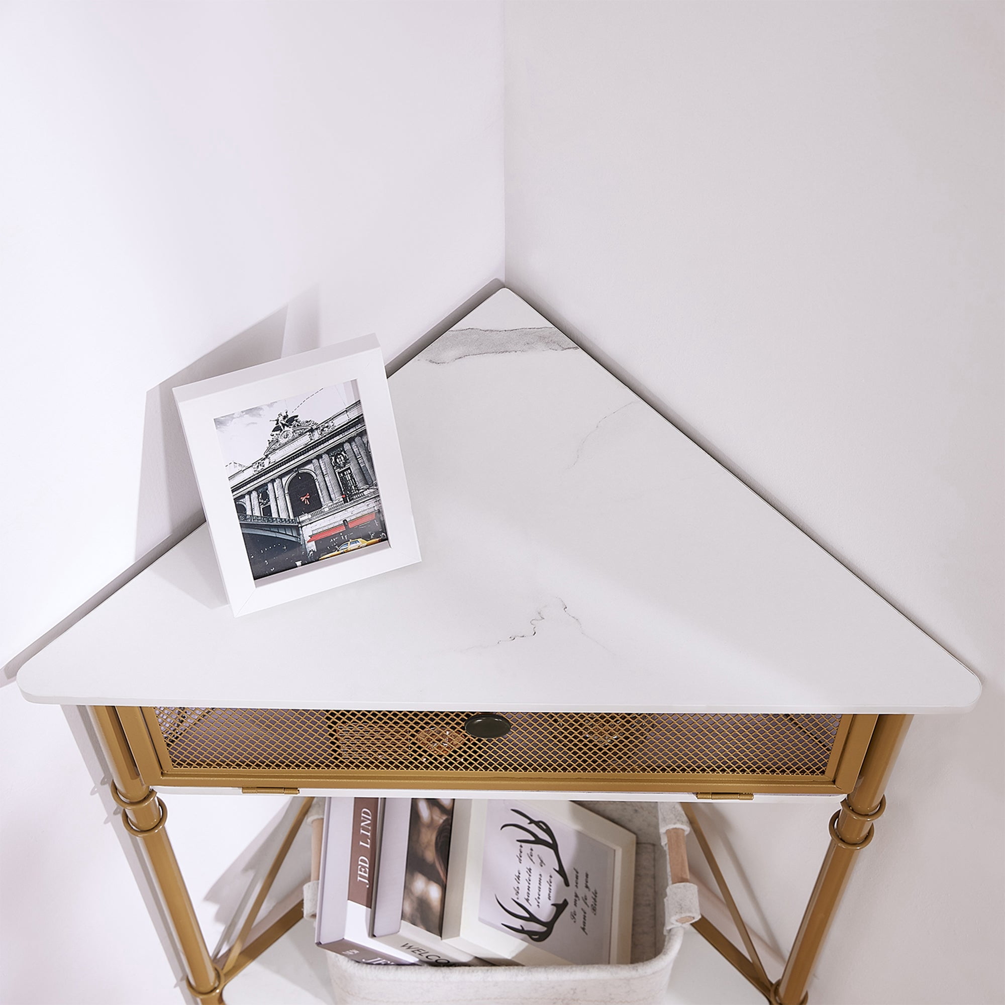 VECELO Corner Storage Cabinet with Flip Drawer and Shelf, Triangle X-Shaped Freestanding Floor Cabinet, White + Gold Frame