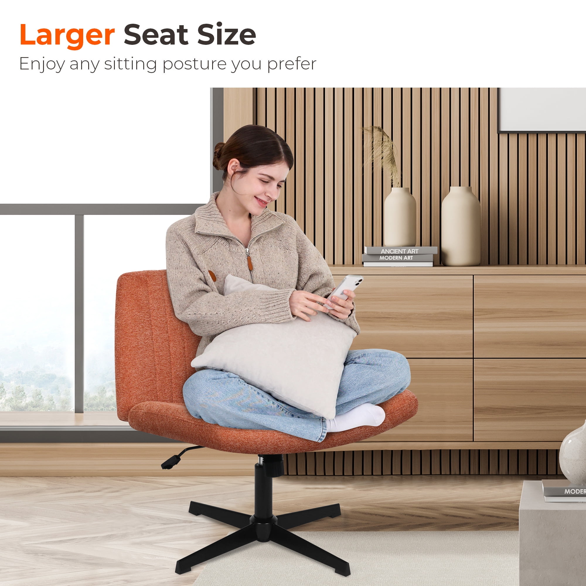 NEO CHAIR Criss Cross Chair No Wheels Armless&nbsp;Comfy Desk Chair Wide Vanity Makeup&nbsp;Cross Legged Office Adjustable Computer Task for Home Office Fabric (Brown)