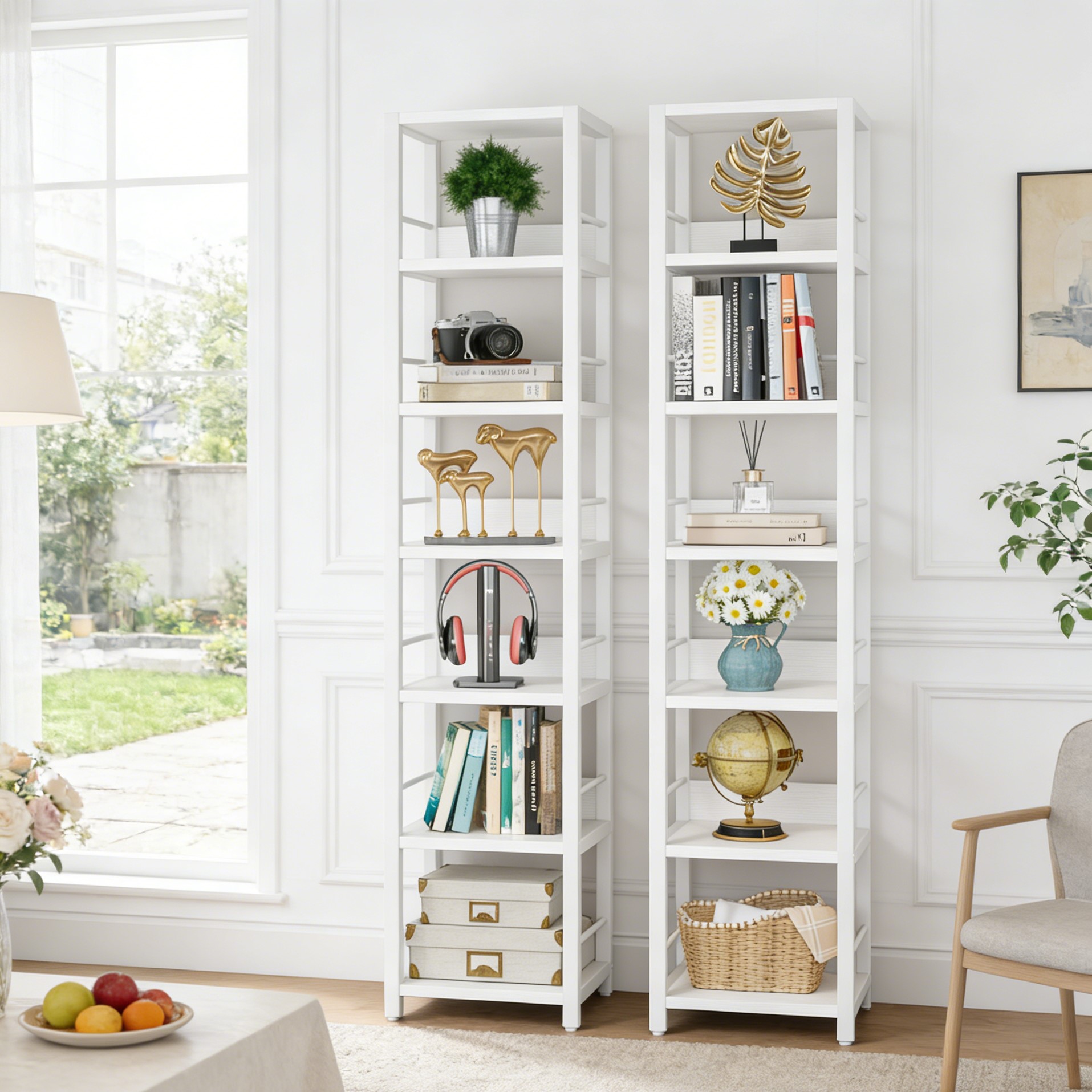 Fnova 75" 6-Tier Corner Bookshelf, Tall Narrow Rustic Wood Open Storage Rack, Square Bookcase Display Stand for Small Spaces in Living Room, Bathroom