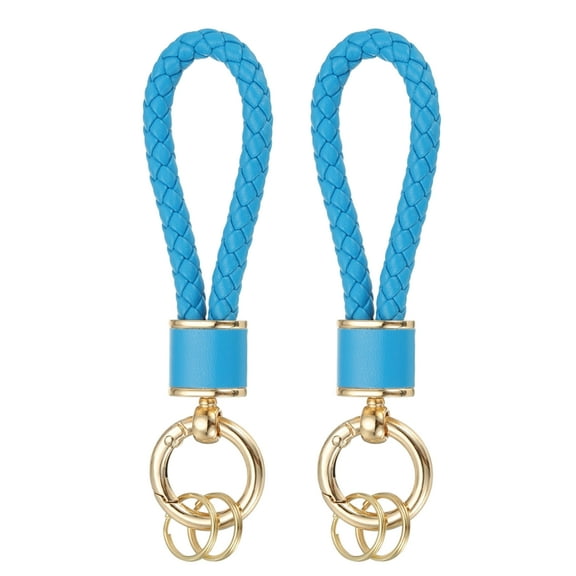 Uxcell 2 Pack Braided Leather Keychain, Keychain Ring Woven Strap Lanyard Strap with 360 Degree Rotatable for Car Key Bag Wallet, Gold/Blue