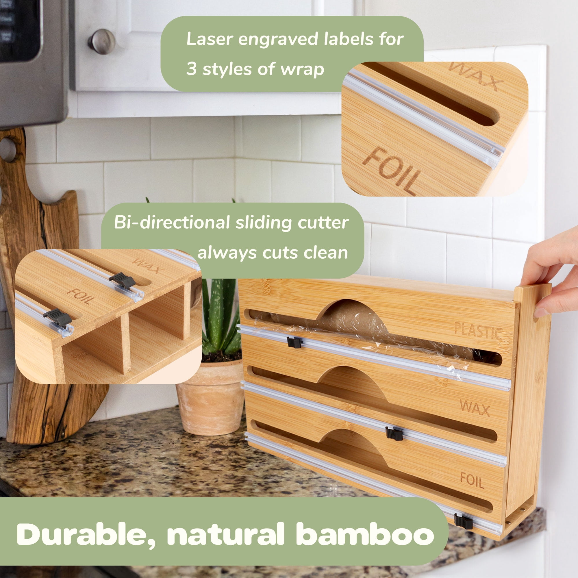 Dispenser per pellicola da cucina, 3 rotoli, cassetto con taglierina, bambù, 22 x 33,5 x 7 cm, naturale, relaxdays | Leroy Merlin