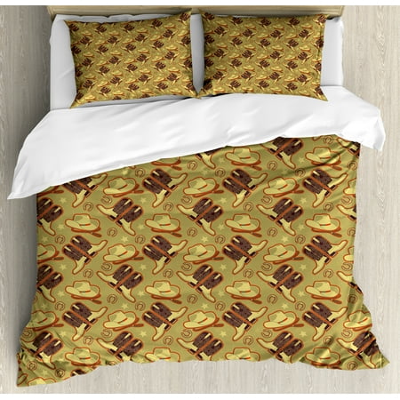 Western Duvet Cover Set Vintage Hat Boots Horse Shoes Retro