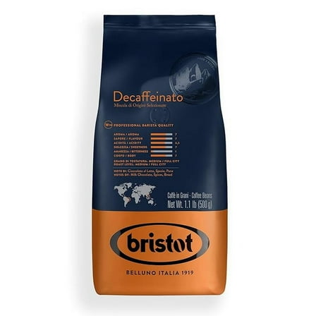 Bristot Decaf Italian Coffee Beans - Italian Espresso Beans Whole - Medium Roast - 1.1 lb/500g