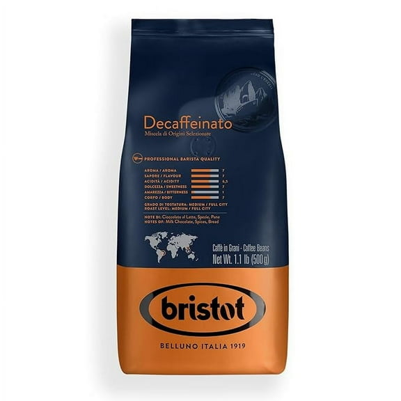 Bristot Decaf Italian Coffee Beans - Italian Espresso Beans Whole - Medium Roast - 1.1 lb/500g
