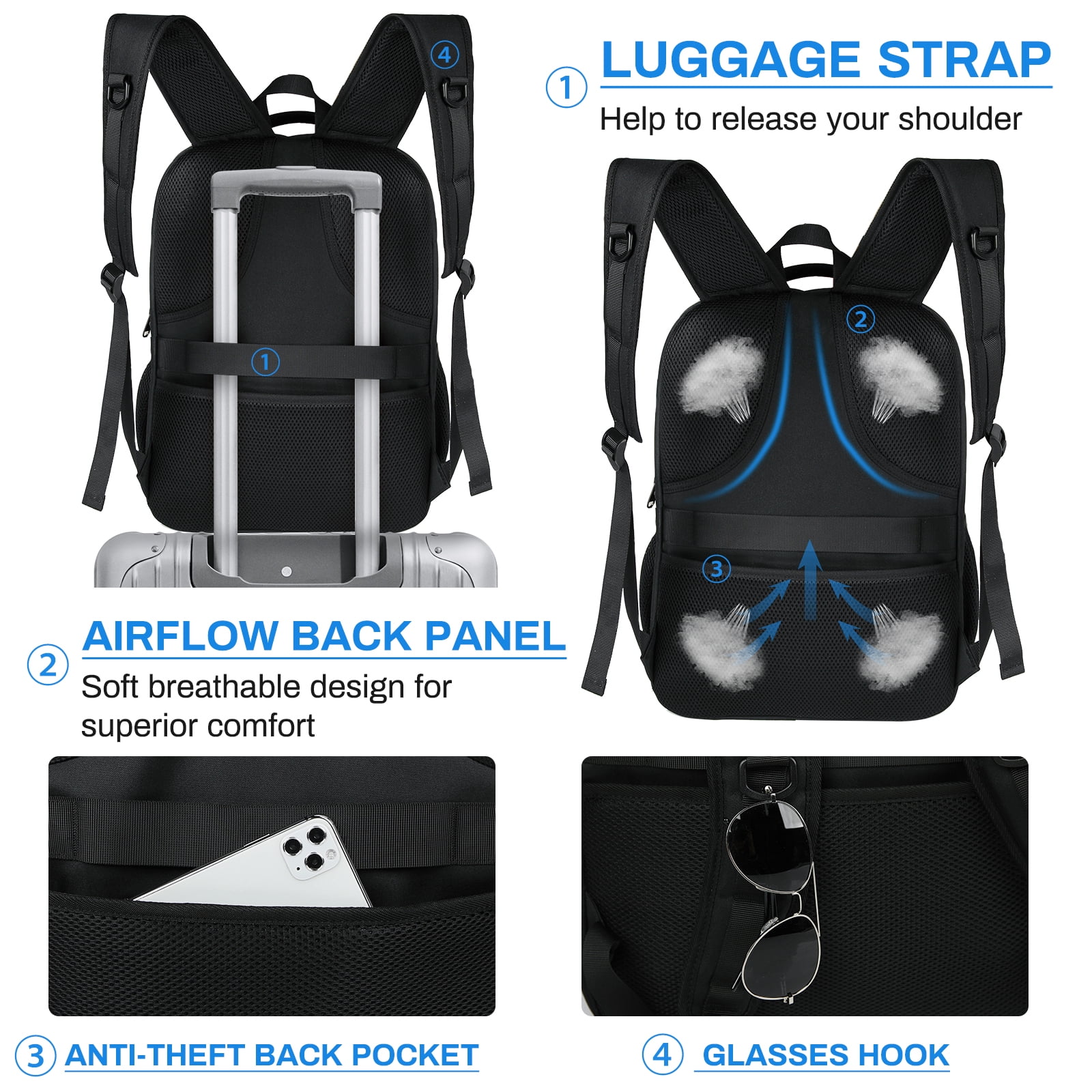 RAINSMORE Laptop Backpack 17 Inch Large Travel Backpack for Men Women Waterproof Computer Work Business College Bookbag TSA Friendly Carry on Backpack with USB Port, Black