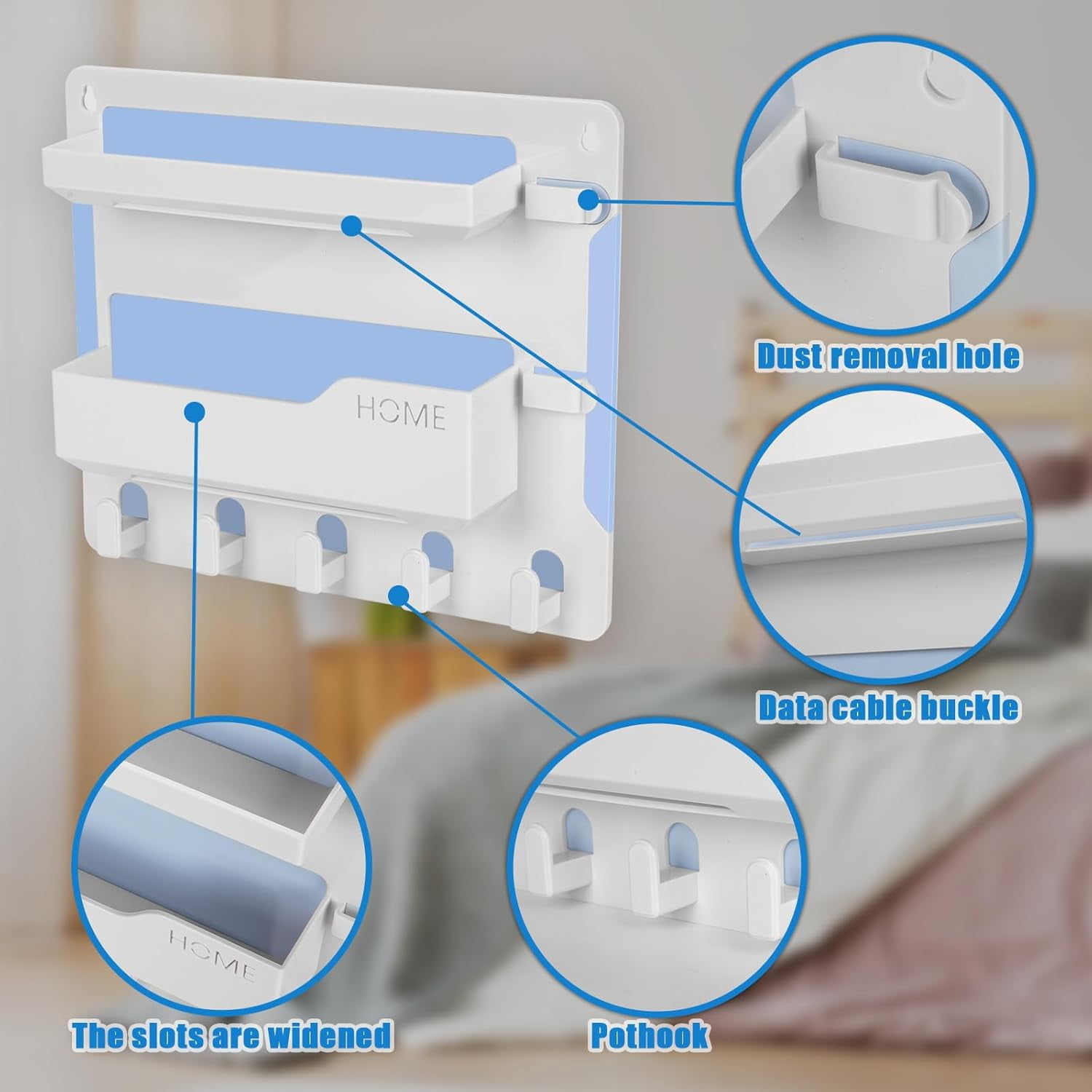 Bedside Wall Mount Shelf, Adhesive Organizer for Remote, Phone, Glasses. Accessories Storage Suitable for College Dorm, Bunk Bed, Bedroom, RV (White)