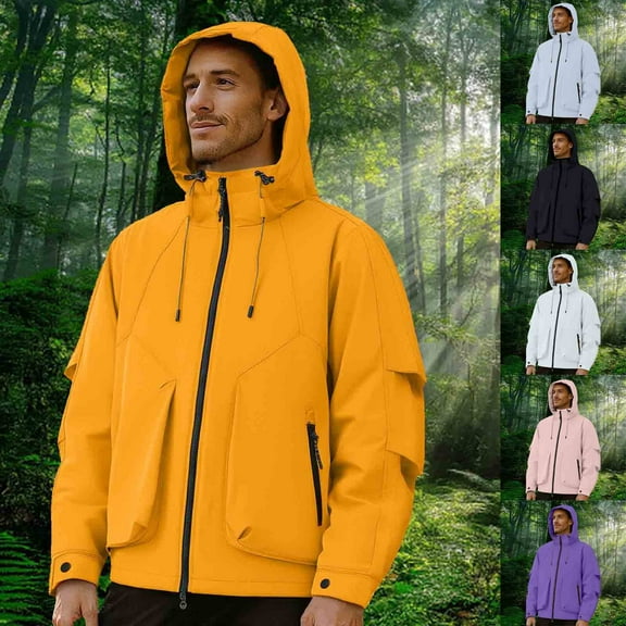 Mens Raincoats Men's Windbreaker Men's Solid Color Waterproof Long Sleeved Hooded Workwear With Multiple Pockets Jacket, XS-3XL