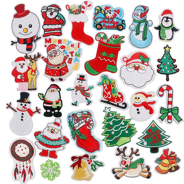 26 piezas Parche bordado termoadhesivo navideño 1 pieza Kit de costura Parche termoadhesivo Decoración de árbol de renos de Papá Noel para ropa de fiesta Jean Sombrero Bolsa Chaqueta