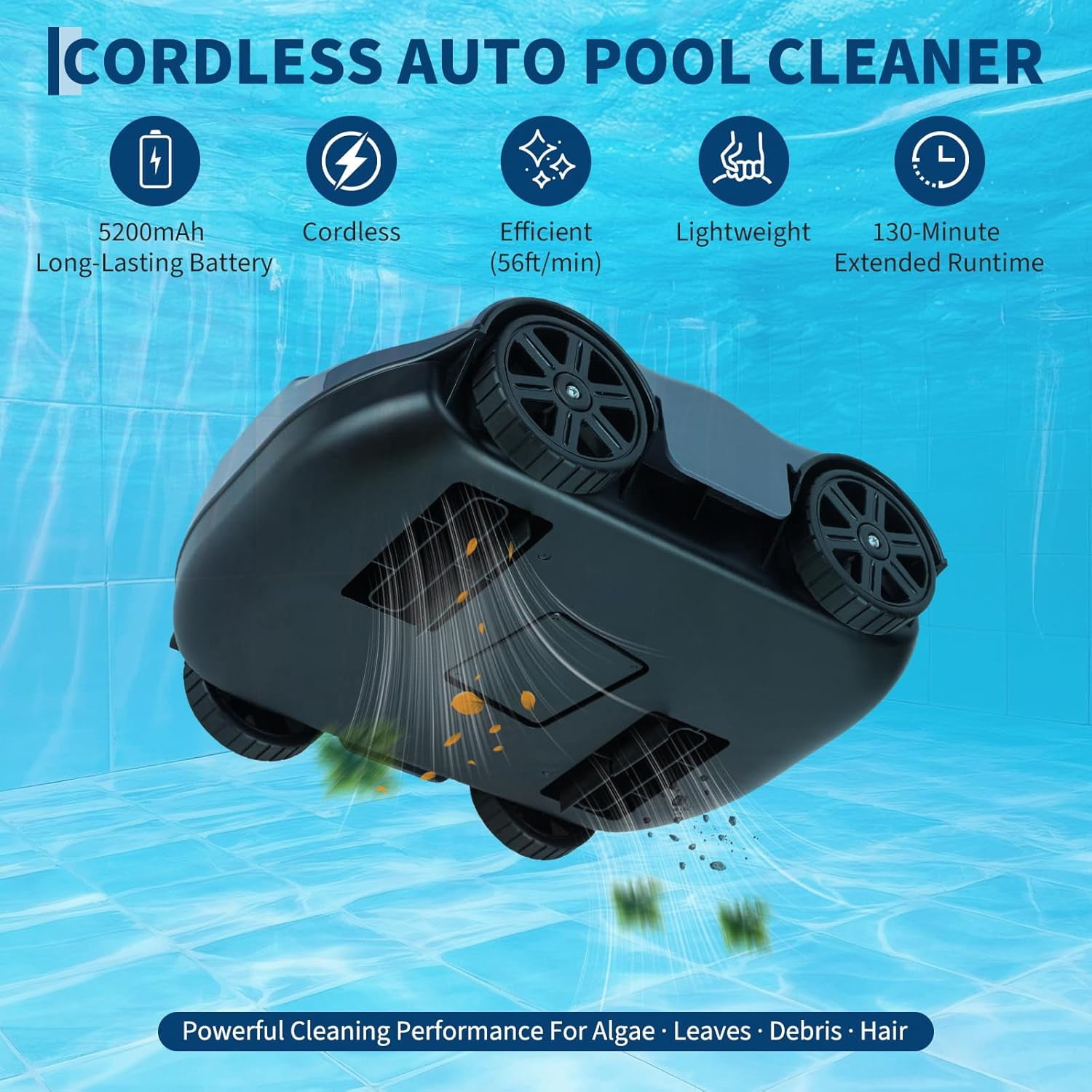 Senfot Automatic Pool Cleaning Robot, Cordless Robotic Pool Vacuum Cleaner for Inground Above Ground Pool Spa Gray