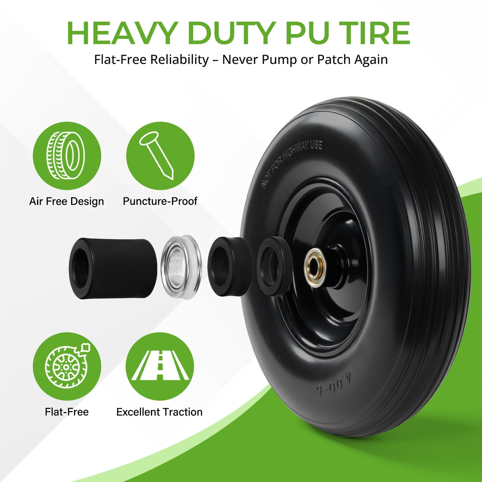 Backyard Expressions 13-Inch Flat-Free PU Tire 2-Pack – Solid PU Replacement Wheels with 5/8" & 3/4" Bearings, Spacer Kit & Steel Hubs for Wheelbarrows, Garden Carts, Wagons, Hand Trucks & More