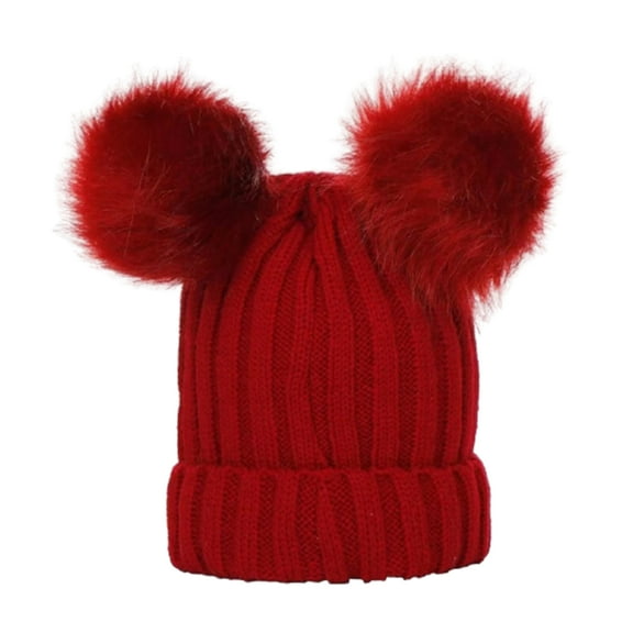 comerut Winter Baby Boys Girls Warm Thickened Solid Color Double Pompom Beanie Cap Hat