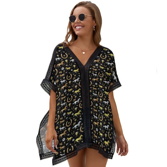 Horse Racing Derby Day Party Black Gold Beach Cover Ups for Women Bathing Suit Cover Up Lace Bikini Swimsuit Coverup Beach Dress Shirt One Size