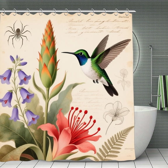 Flower Butterfly Bird Print Shower Curtain,Modern Fabric Waterproof Shower Curtain Set with Hooks 70.8×70.8Inch (180×180cm)
