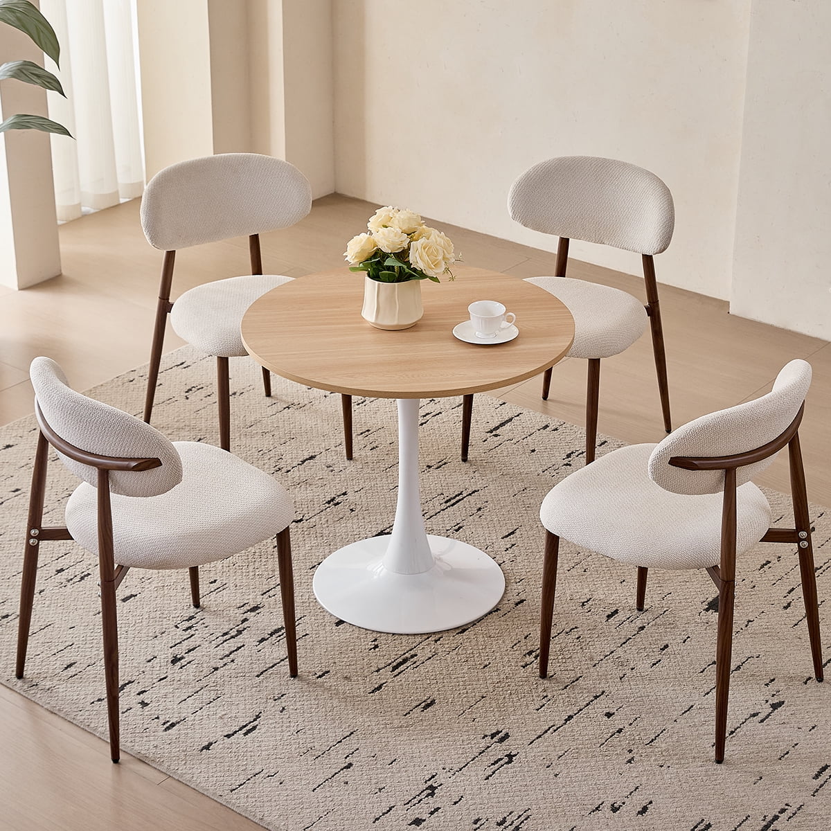 23.6" Round Dining Table for 2-4 Modern Circle Tulip Table with Metal White Tulip Pedestal Base for Kitchen Dining Living Room Apartment Small Space Cafe, Natural