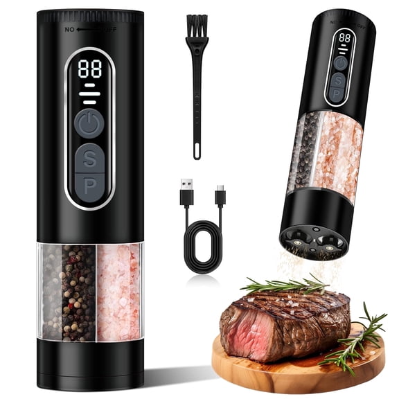 Finew Electric Salt and Pepper Grinder, 2-in-1 Dual Chamber Mill with Adjustable Coarseness, Usb Rechargeable, Black