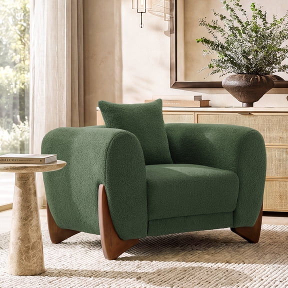 Morden Fort Sherpa Boucle Green Single Sofa , 44.25"W Cloud Upholstered Armchair Couch with Wood Leg, Green