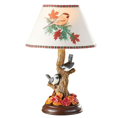 3 Hand Painted Porcelain Lamps - Chickadee Birds Decorative Table Lamp with Fall Leaves and Tree Base, Hand Painted Cabin Décor