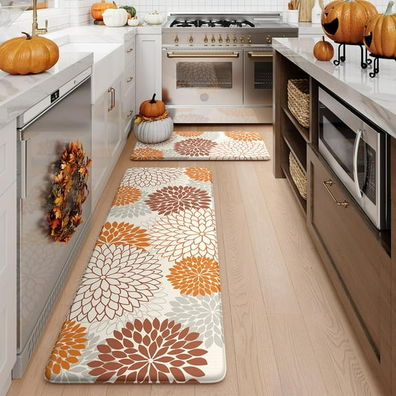 KIMODE Kitchen Mats for Floor Anti Fatigue, 17"x47" 17"x29" Floral Kitchen Floor Mats, Fall Farmhouse Kitchen Rugs Non Slip Cushioned, Comfort Standing Desk Mat for Sink, Laundry, Desk Orange