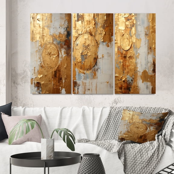 Designart "Togetherness in Vintage Gold II" Abstract Painting Wall Art Set Of 3 - Modern Gold Gallery Set For Office Decor