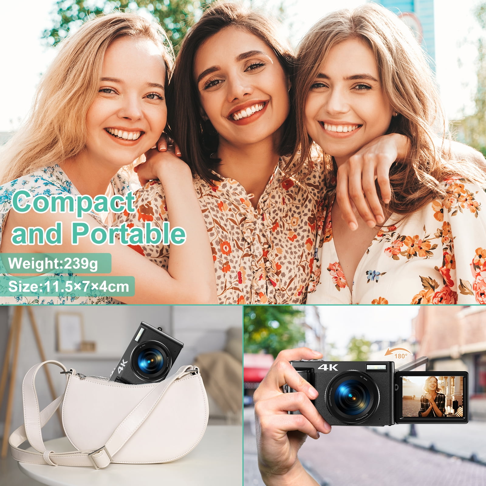 Vlogging Camera 4K Digital Cameras 48MP for Photography Autofocus 16X Digital Zoom for YouTube with 32GB Card