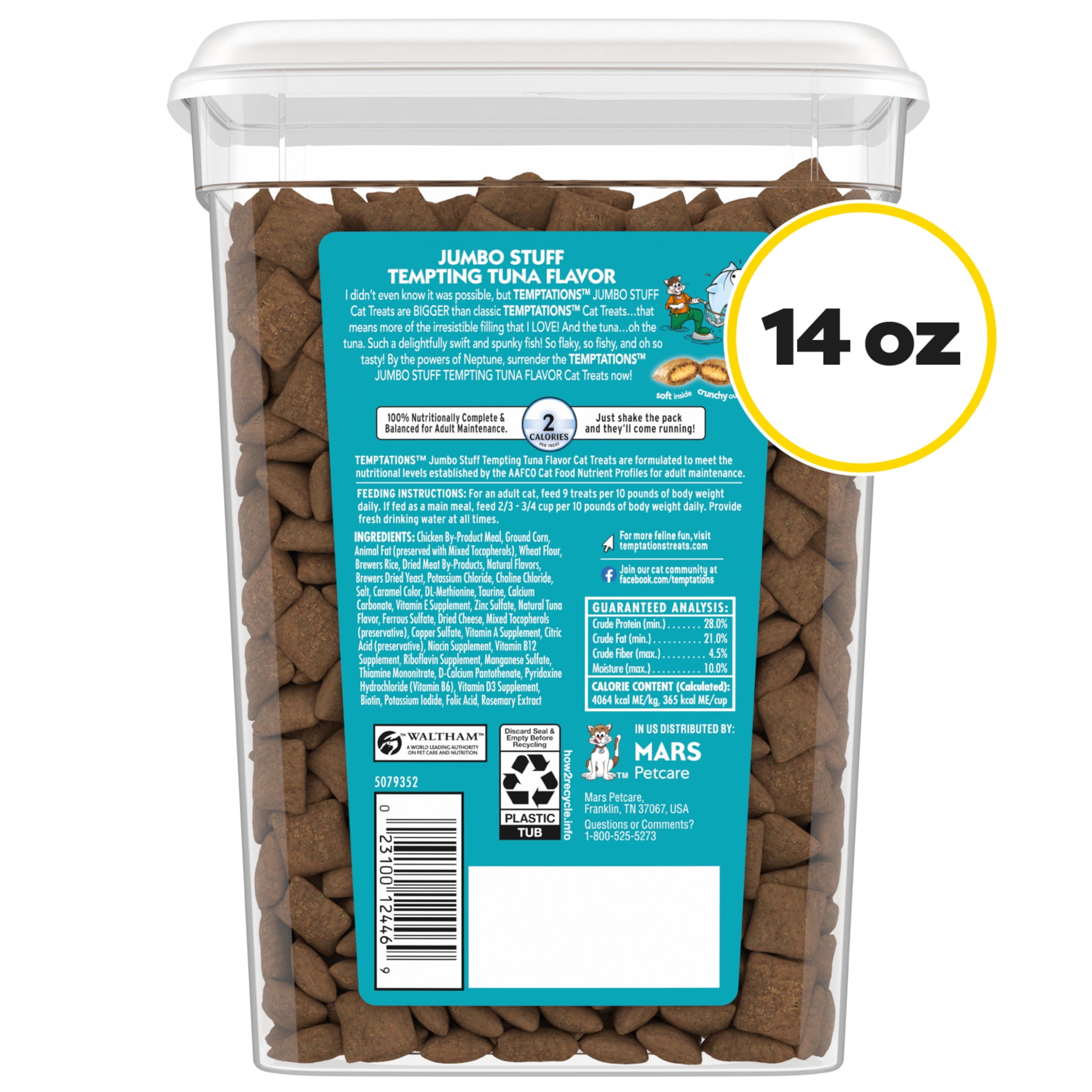 Temptations Jumbo Stuff Tempting Tuna Flavor Crunchy And Soft Treats For Cats, 14 Oz Tub