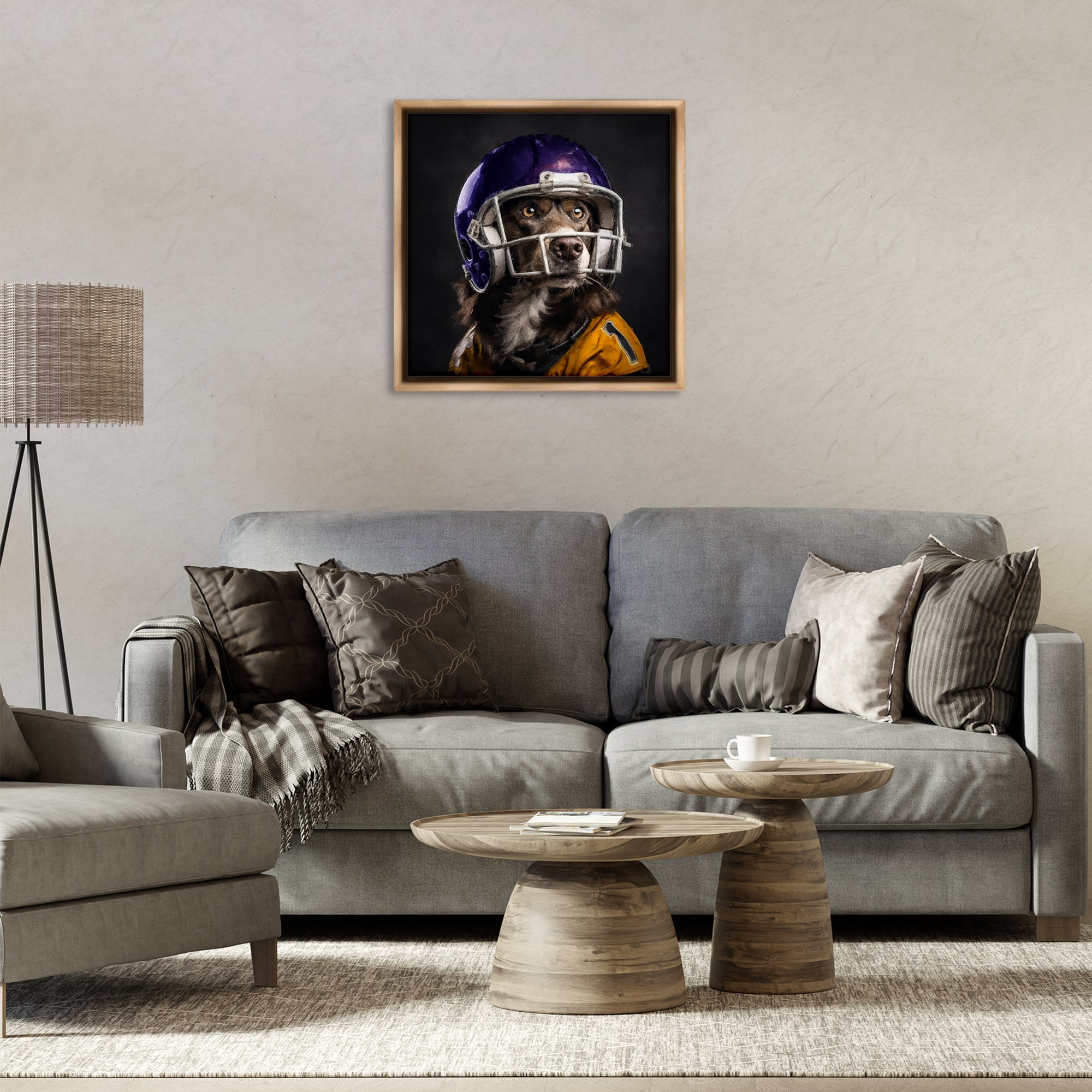 Stupell Industries Dog with Football Helmet Animals Painting Brown Floater Framed Canvas Art Print Wall Art, 25 x 25