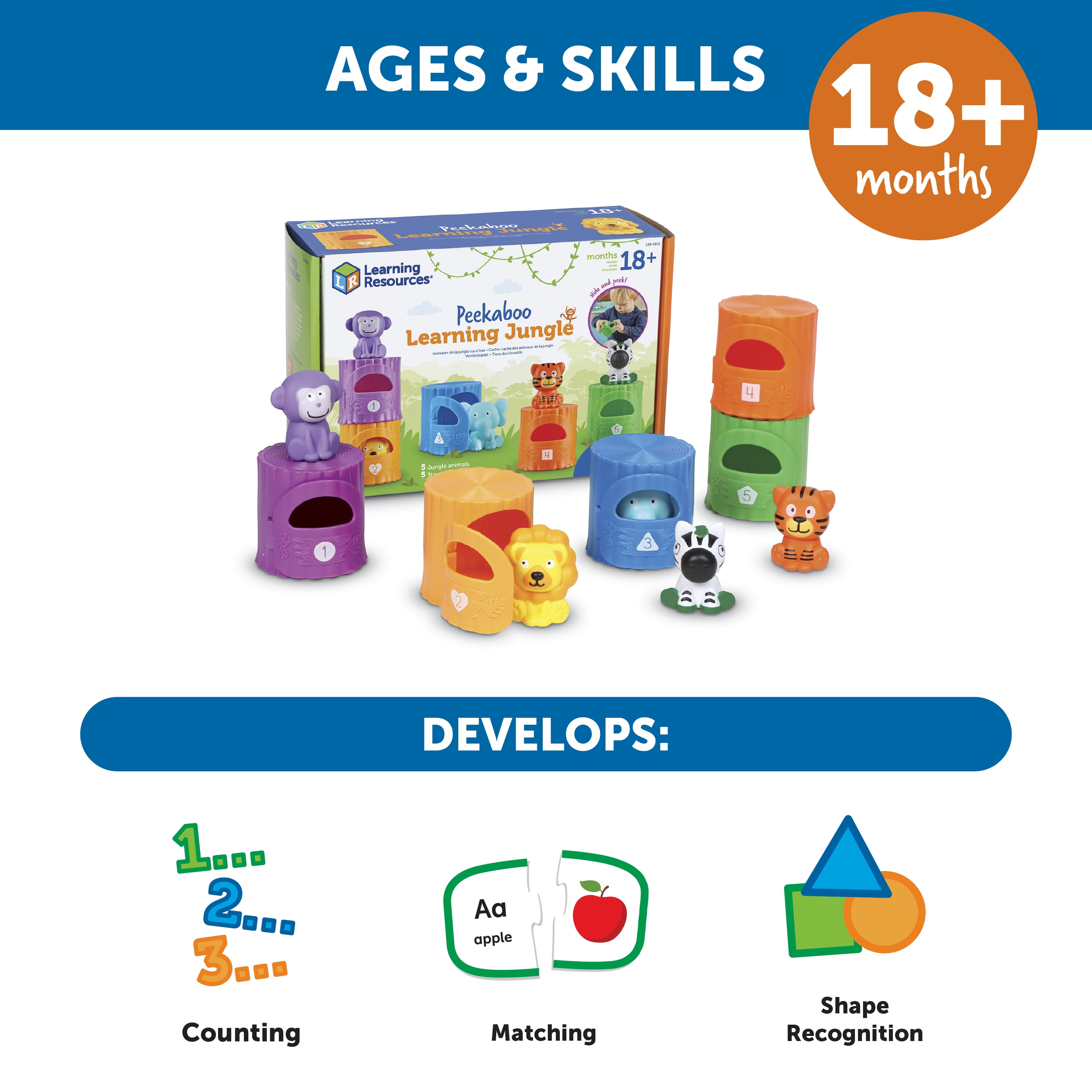 Learning Resources Peekaboo Learning Jungle -10 pieces, Learning Toys for Boys and Girls Ages 18 + Months, Educational Toys for Toddlers