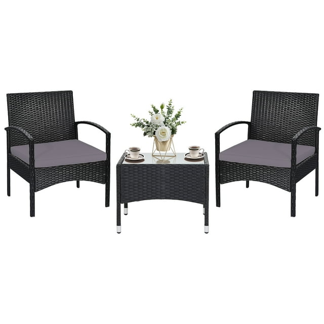 Patiojoy Ensemble Bistro de 3 Pcs en Rotin pour Patio avec Chaises Coussinées et Table d'Appoint Mobilier Classique Fauteuil Simple Coussin Épais pour Jardin Gris