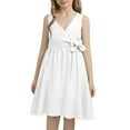 thumbnail image 2 of AINIYS Girls V-Neck Tie Waist Dress With Hidden Back Zipper Flowy Skirt For Casual Daily And Birthday Party White 6-7Years, 2 of 5