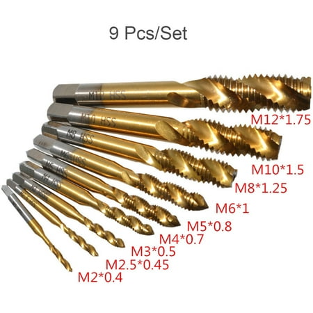 

9pcs M2-M12 Titanium Coated High Speed Steel HSS Screw Thread Metric Spiral Hand Plug Tap Tools