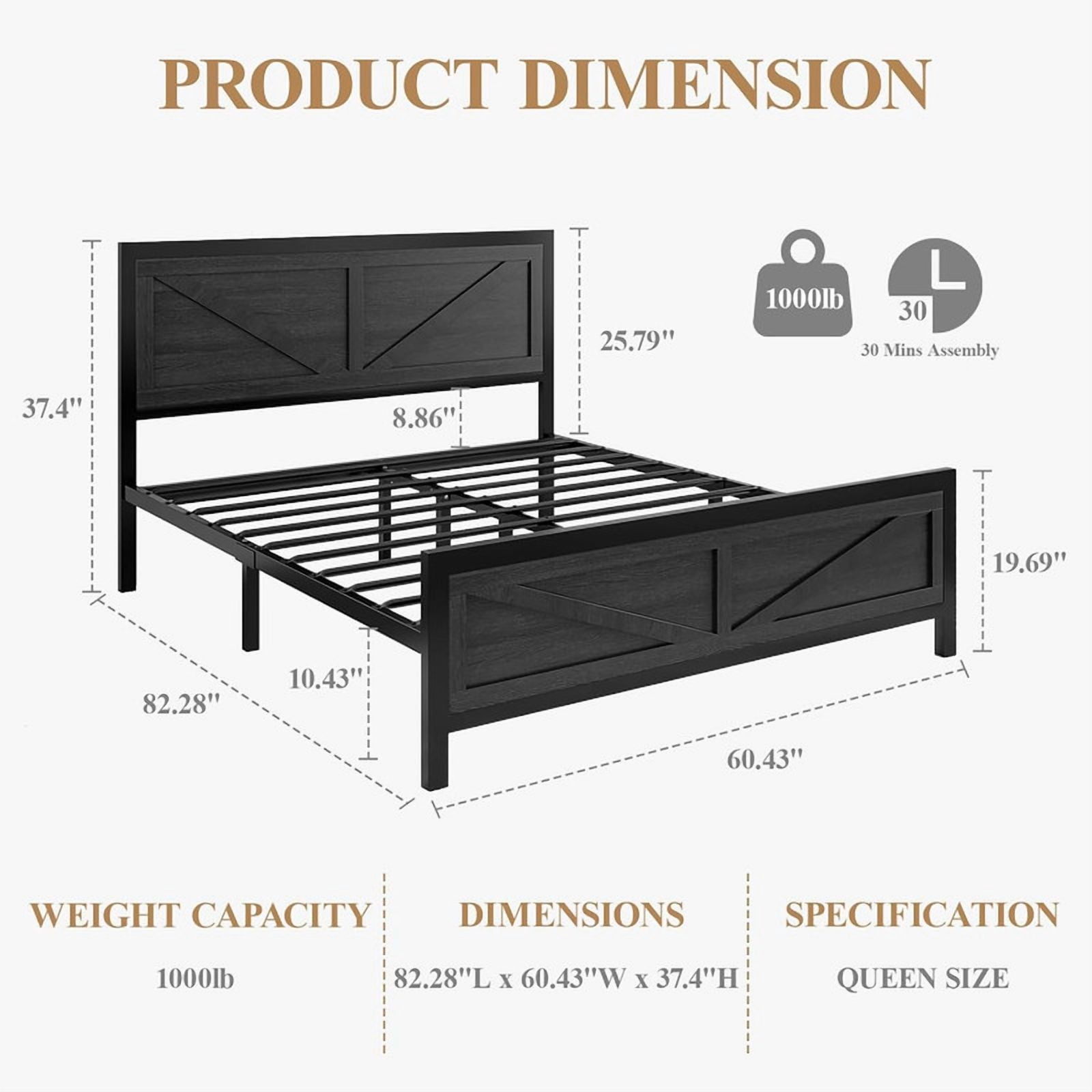 Queen Size Platform Bed Frame with LED Lights, USB Charging, and Farmhouse Barn Door Headboard, Strong Metal Slats Support, Noise Free, No Box Spring Needed, Black
